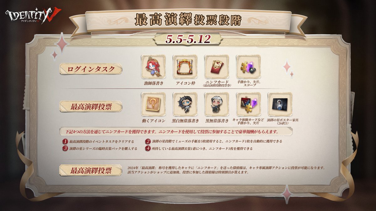 IdentityVJP's tweet image. ✧･ﾟ•.今年も始まる演繹の星🌟+:｡:✧

4月25日に開催予定！
演繹の星と最高演繹に投票して
輝くスターが誰になるのか、
今年も見届けようなの！

報酬は昨年度のスターの落書きや
動くアイコンなどが無料入手可能なの！

ぜひ、お楽しみになの♪

#IdentityV
#第五人格
#演繹の星
#最高演繹