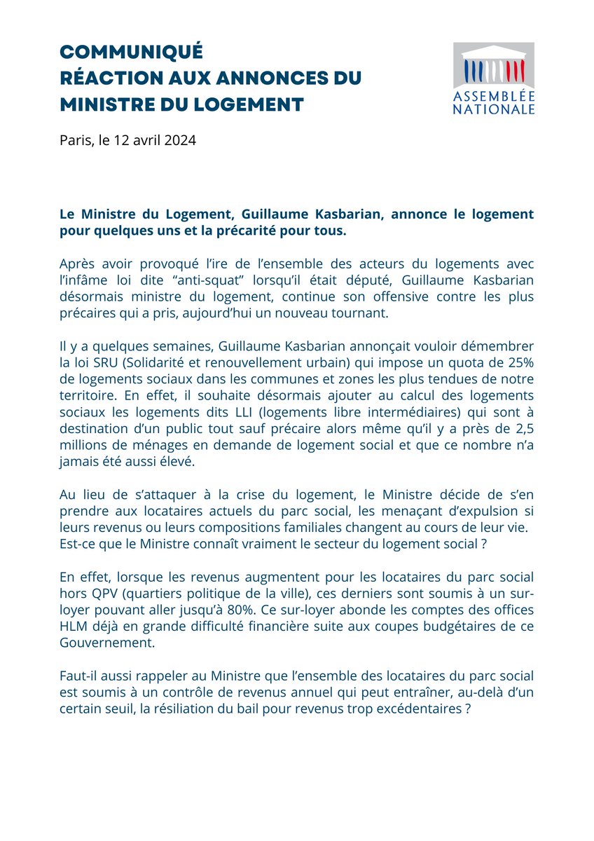 SabrinaSebaihi's tweet photo. Pour @guillaumekasba c’est le logement pour quelques uns et la précarité pour tous ! 

Retrouvez mon communiqué suite aux annonces du Ministre du Logement ⬇️ https://t.co/6rmzRDwbrt
