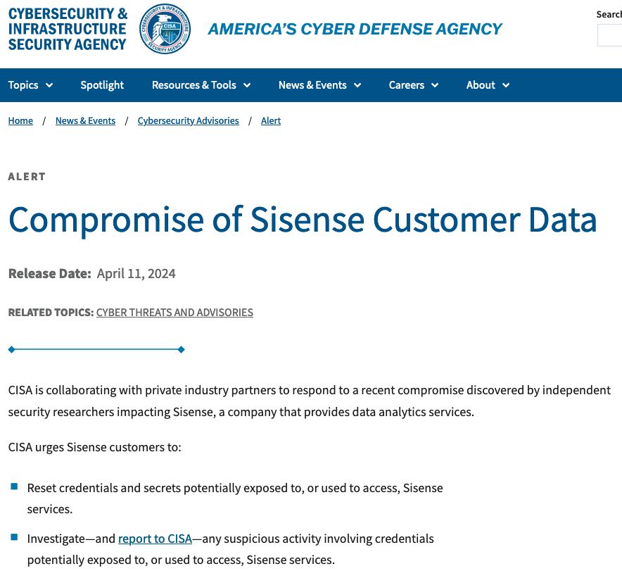 Why CISA is Warning CISOs About a Breach at Sisense – Krebs on Security buff.ly/3VQBnJK

#DataSecurity #Privacy #Phishing #Ransomware #Cybersecurity #CyberAttack #DataProtection #DataBreach #Hacked #Infosec