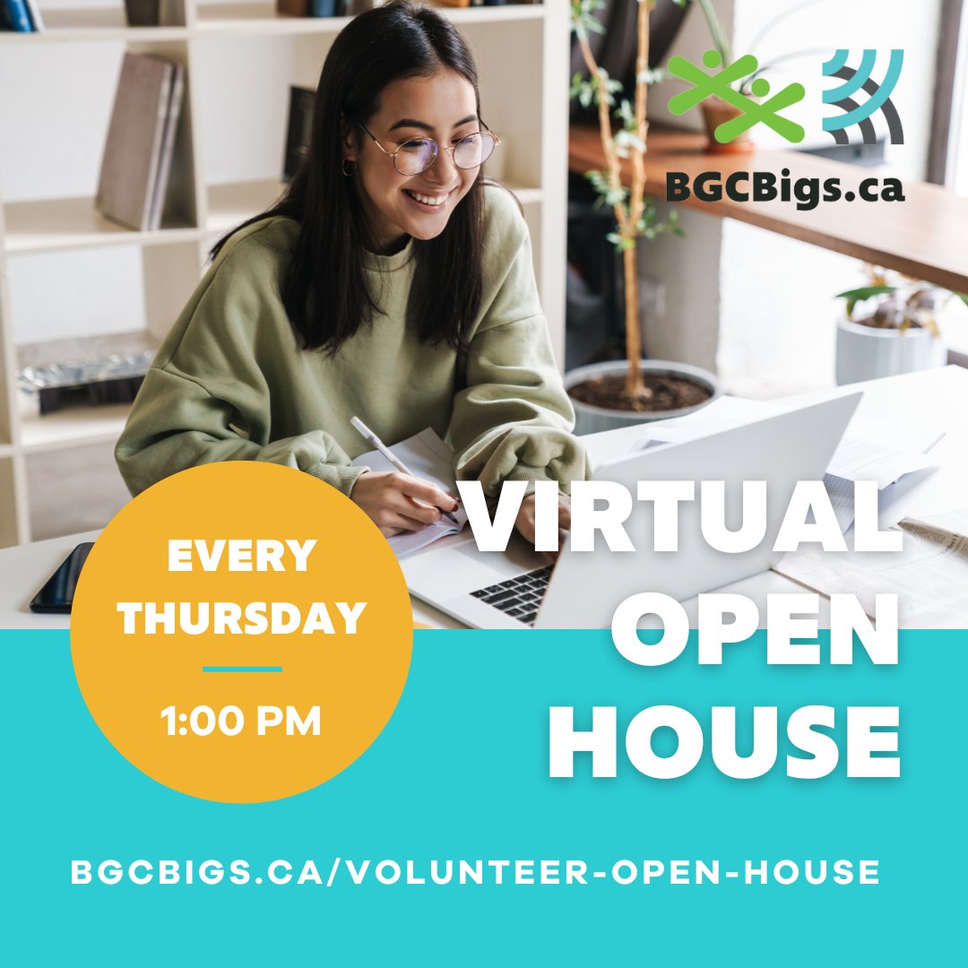 Every Thursday at 1:00 PM we host a Virtual Open House! 💻 Register at bgcbigs.ca/volunteer-open… to join a Zoom call and ask questions about becoming a Volunteer! Can't make it on Thursday afternoons? Send us a DM! Our team can arrange another time to chat with you. 📧