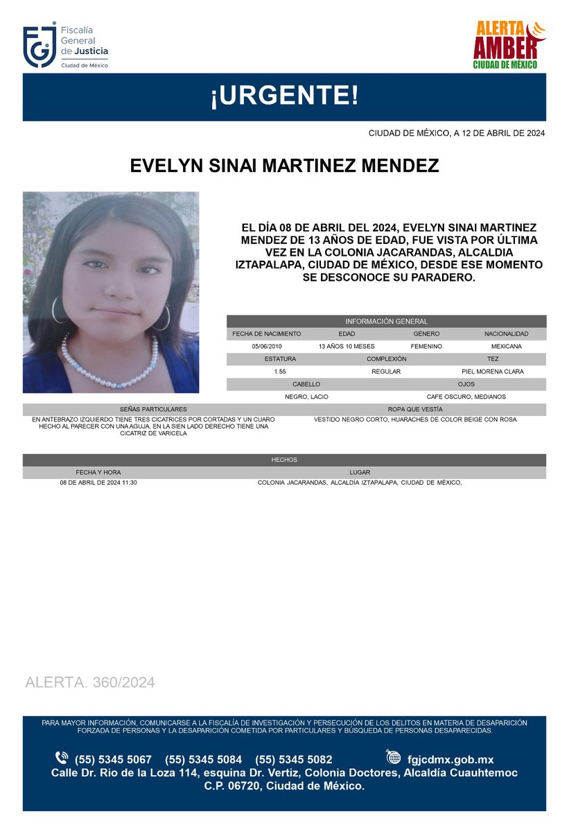 Se activa #AlertaAmber para localizar a la menor de 13 años de edad, de nombre Evelyn Sinai Martínez Mendez, fue vista por última vez el día 8 de abril 2024 en la colonia Jacarandas, alcaldía #Iztapalapa