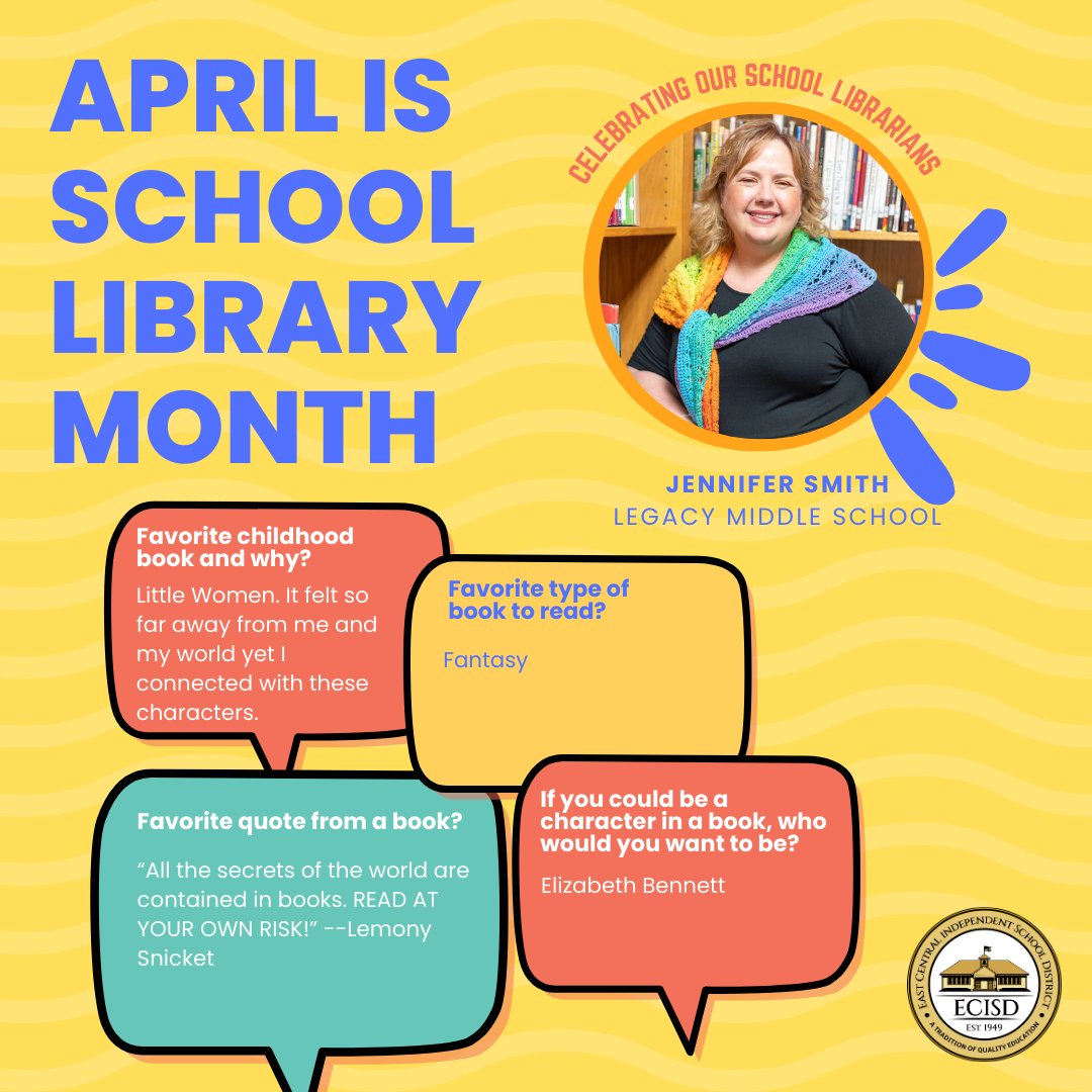 📚✨ April is School Library Month! Today, we're shining a spotlight on Jennifer Smith, the librarian at Legacy Middle School, and her top book picks. #SchoolLibraryMonth #ECProud!🎓📚