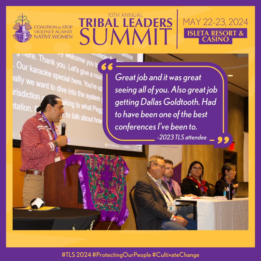 The annual Tribal Leaders Summit is a free briefing for tribal, state, and federal officials and those who work with victims of sexual assault and domestic violence. Join us for our 10th Tribal Leaders Summit Register: lp.constantcontactpages.com/ev/reg/d92hg96… #TLS2024 #ProtectingOurPeople