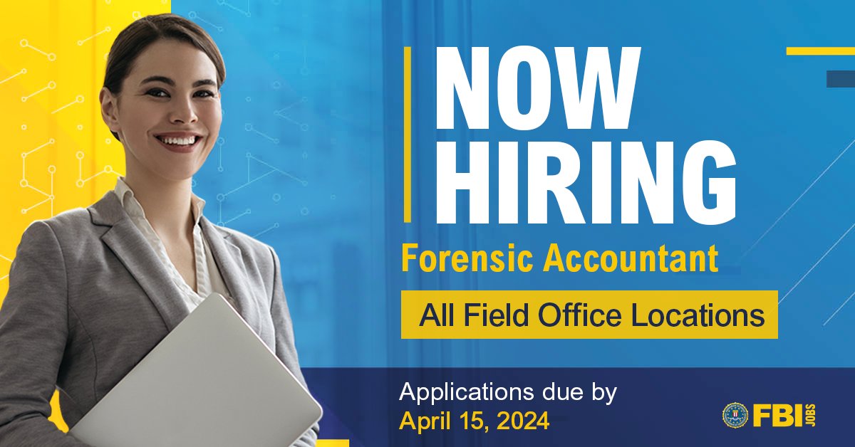 🚨 Only three days left to apply! Join the #FBI as a #ForensicAccountant to discover new ways to use your #accounting and #auditing skills to expose financial misconduct. Be a part of creating a safer, more just future. Apply today. #FBIJobs #Hiring #CPA ow.ly/jLRO50RaUQN