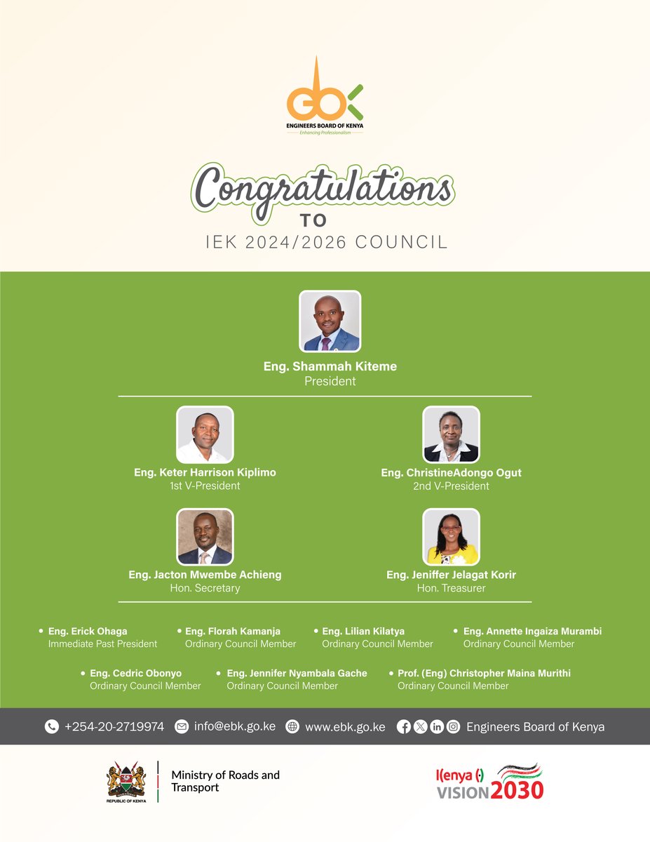 Congratulations to the newly elected members of the 2024/2026 IEK Council. The @EngineersBoard wishes to congratulate @TheIEK on the assumption of office of the newly elected leaders. #PartnershipsAndCollaborations #EngineeringExcellenceKe @TransportKE @Roads_KE