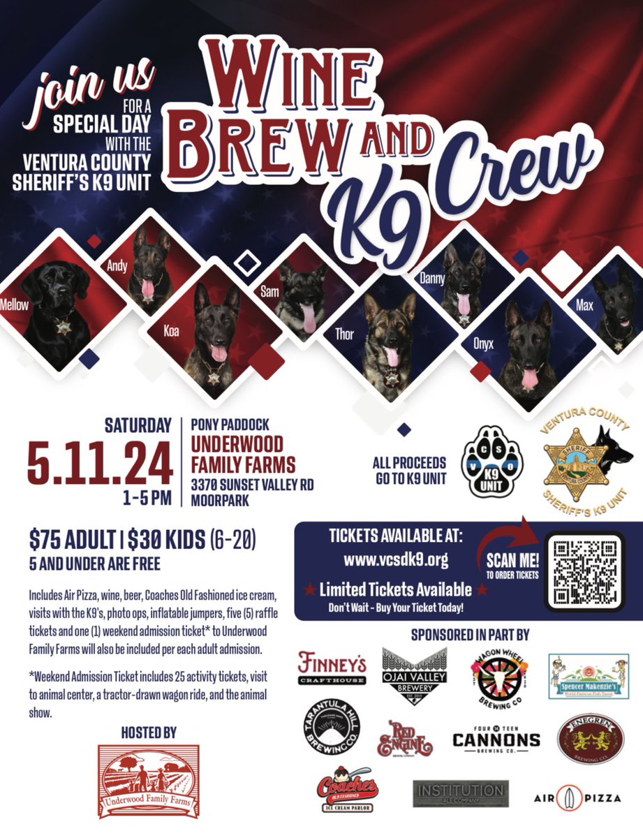 Join the Ventura County Sheriff’s Office K9 Unit at Underwood Family Farms in Moorpark for an afternoon of great family fun! 🐾🍦🍕🐔

Visit vcsok9.org/2024-wine-brew… to purchase tickets! 🎟️