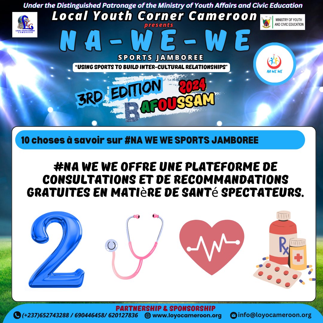 Le #NAWEWE #sportsjamboree promeut l'activité physique&le renforcement de l'esprit d'équipe. Il offre une plateforme de dépistage et d'orientation médicale gratuite. La promotion de la santé et du bien-être est une priorité absolue. Rejoignez-nous #Bafoussam pour la 3ème édition.