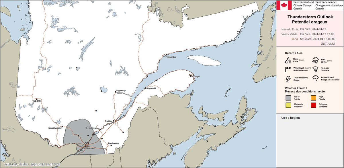 Thunderstorm outlook for Quebec valid today.

Any report of damage can be sent to Environment and Climate Change Canada using #QCstorm or by emailing QCstorm@ec.gc.ca.