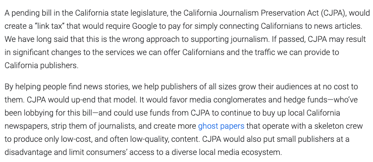 Google wants you to believe that if they pay money directly to news publishers (with the explicit purpose of that money going to pay for the salaries of journalists) that will 'create more ghost papers.' This is a scare tactic, but it's not a very good one.