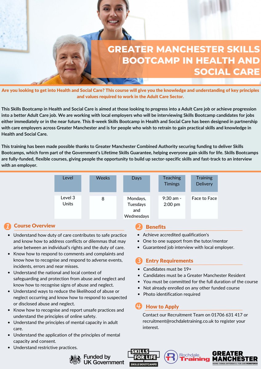 RochTraining's tweet image. Are you looking to retrain or start your journey into a Health and Social Care Career? To register your interest and book a place on our information session please contact the Recruitment Team at recruitment@rochdaletraining.co.uk or 01706 631417 👩‍⚕️👨‍⚕️

#SkillsBootcamp #Training