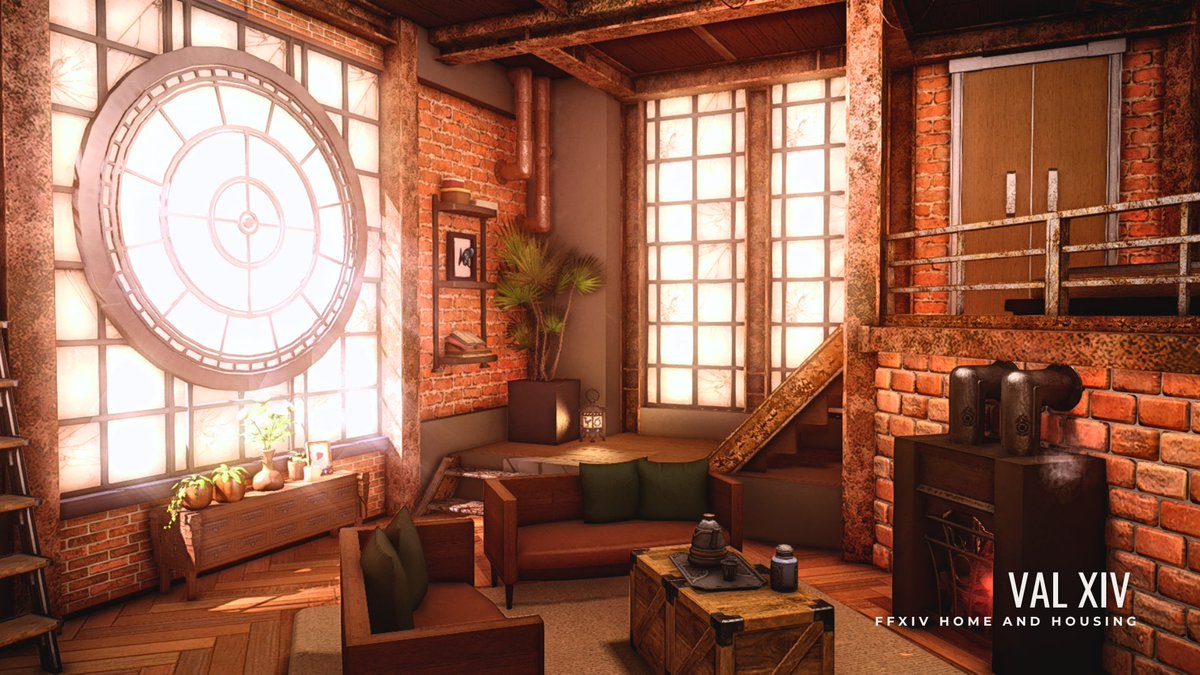 [S] Industrial Living 🧱🌿Inspired to try an industrial style build with old factory vibes and lots of brick and metal work. I love how it turned out, it's cozy! More pics below! #FFXIVHousing #FinalFantasyXIV #hgxiv #ff14 #ff14ハウジング #FFXIV #HousingEden