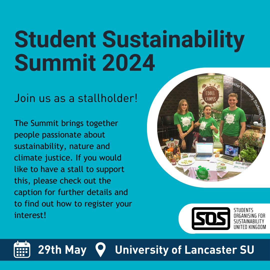 Join us as a stallholder for the 10th annual Student Sustainability Summit at Lancaster University, 29 May 24! Click here to register your interest: forms.office.com/e/C4WvhGeJKT