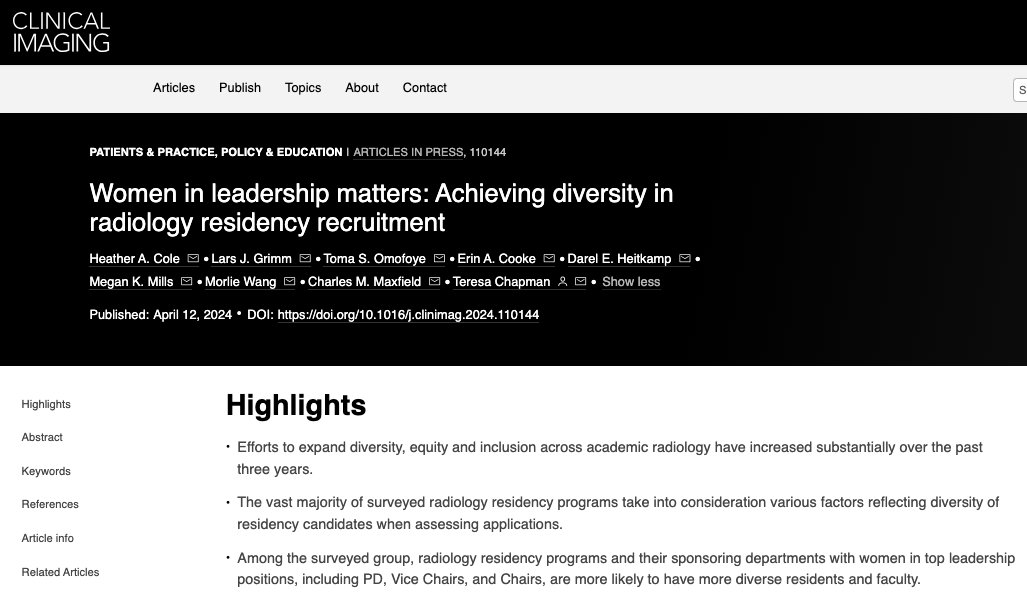 We're excited to share the results of our recent @radRRERA survey in @CI_Journal assessing factors fostering #DEI ⬇️⬇️. Amongst surveyed, dept & #radres programs with #WomenLeaders had greater diversity in trainees & faculty. Great job @TessChapmanMD1 & #radres Heather Cole 👏🙌