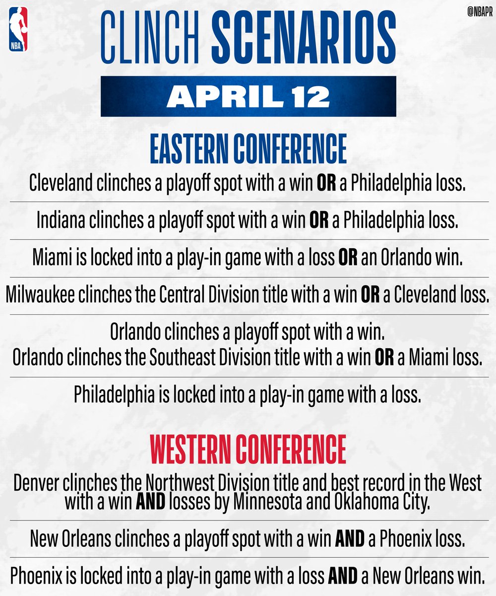 Clinch scenarios for Friday, April 12 ⬇️ All 30 @NBA teams are in action tonight! ➡️ nba.com/schedule