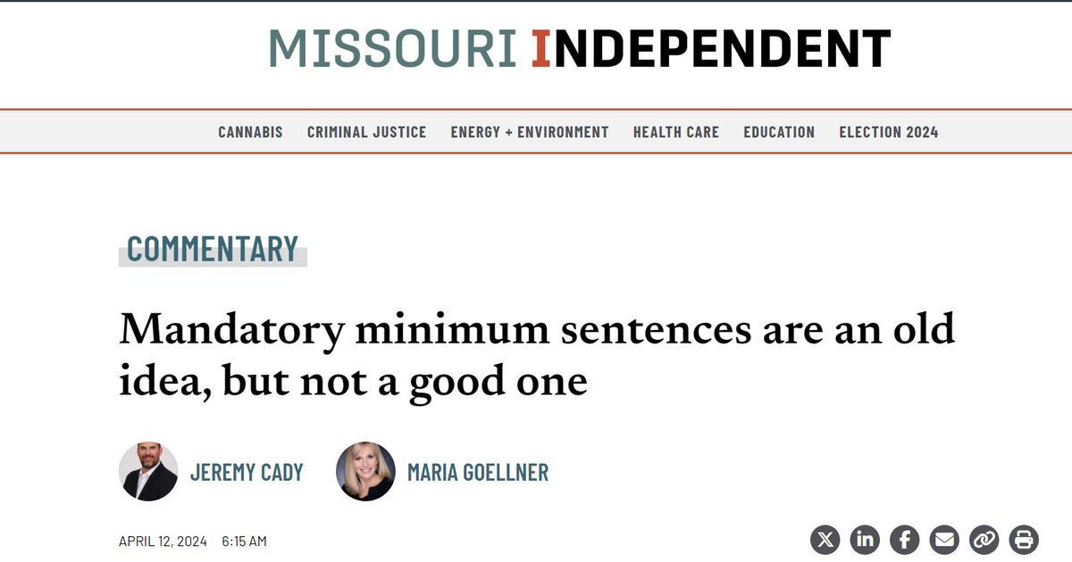 🧵Missouri lawmakers are looking at multiple bills that would increase mandatory minimum sentencing. This is a very bad idea for public safety, families, and taxpayers. Learn why in this article by @jeremycady and I. missouriindependent.com/2024/04/12/man…