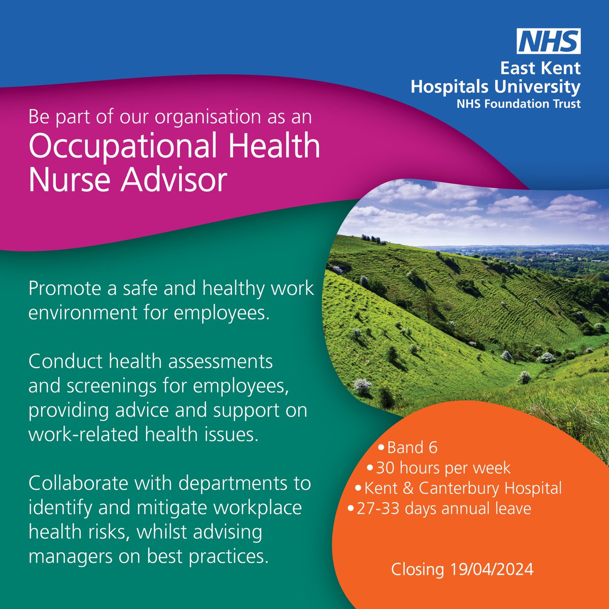💙 Want to make a difference in people's work lives? We're looking for an Occupational Health Nurse Advisor to join our team!

 ➡️ orlo.uk/OHNA_3wdSS

#EKHUFT #NHSJobs #NHScareers #wearethenhs #healthcarecareers #KentJobs #JobOpportunity #HealthcareHeroes #JoinOurTeam