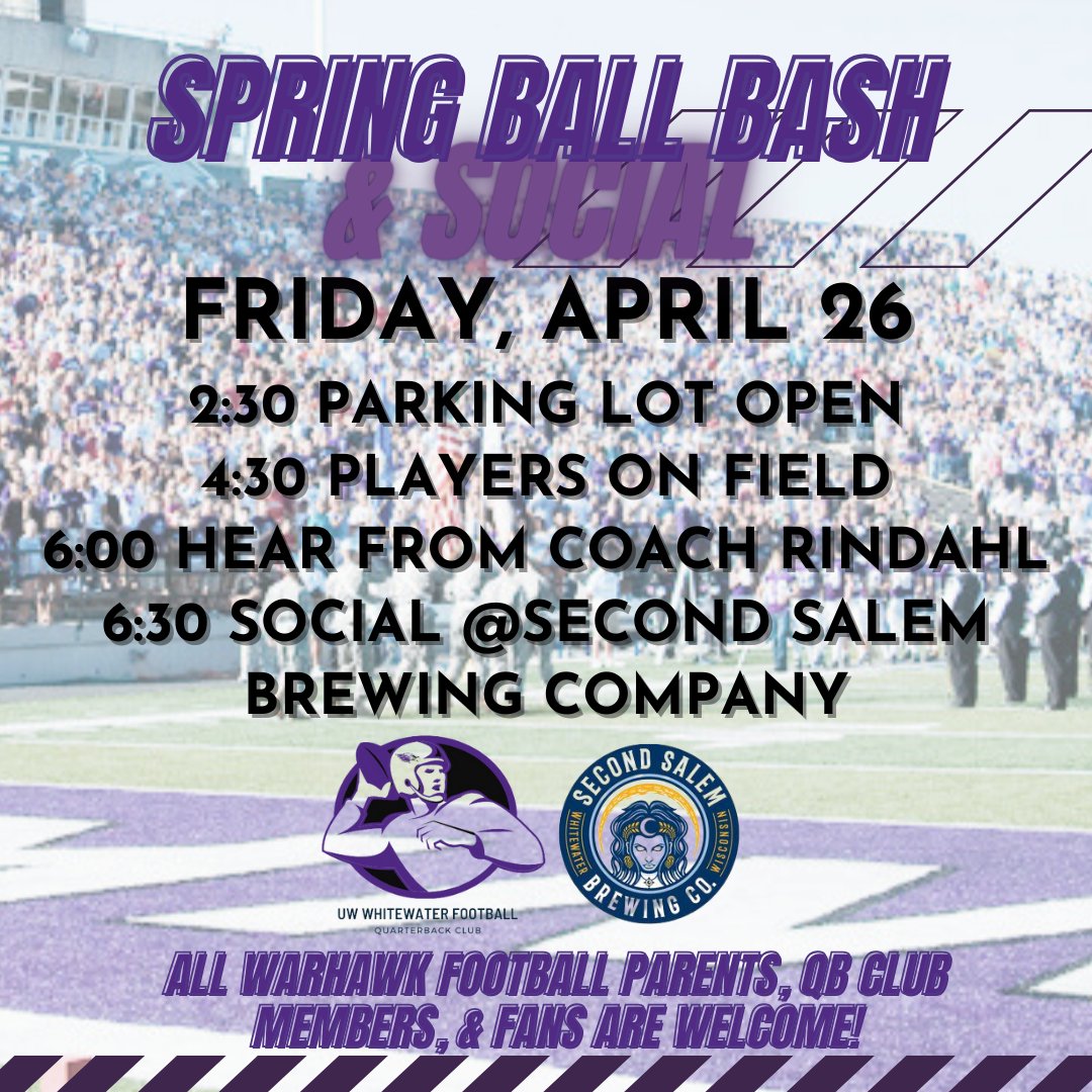 🗣You're invited! The @WarhawkFootball Spring Ball Bash will be on Friday, April 26. Catch the Warhawks as they round out their Spring Ball season, hear from Coach Rindahl and connect with Warhawk fans and QB Club Members. GO HAWKS!