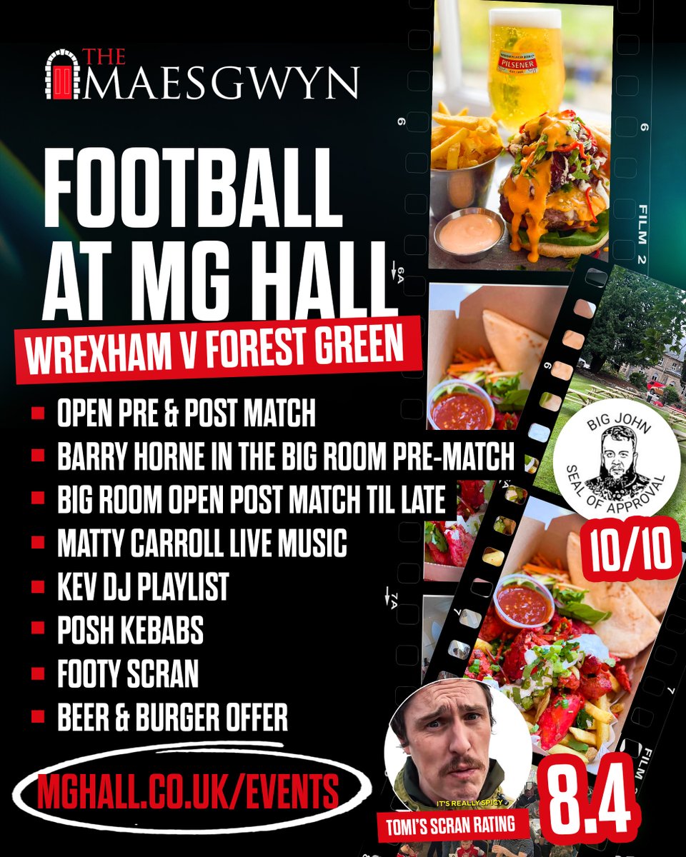 Tomorrow at Maesgwyn... ✅OPEN PRE & POST MATCH ✅BARRY HORNE IN THE BIG ROOM PRE-MATCH ✅BIG ROOM OPEN POST MATCH TIL LATE ✅MATTY CARROLL LIVE MUSIC ✅KEV DJ PLAYLIST ✅POSH KEBABS (TOMI SCRAN RATING 8.4) ✅FOOTY SCRAN ✅BEER & BURGER OFFER ❌ NO PARKING❌