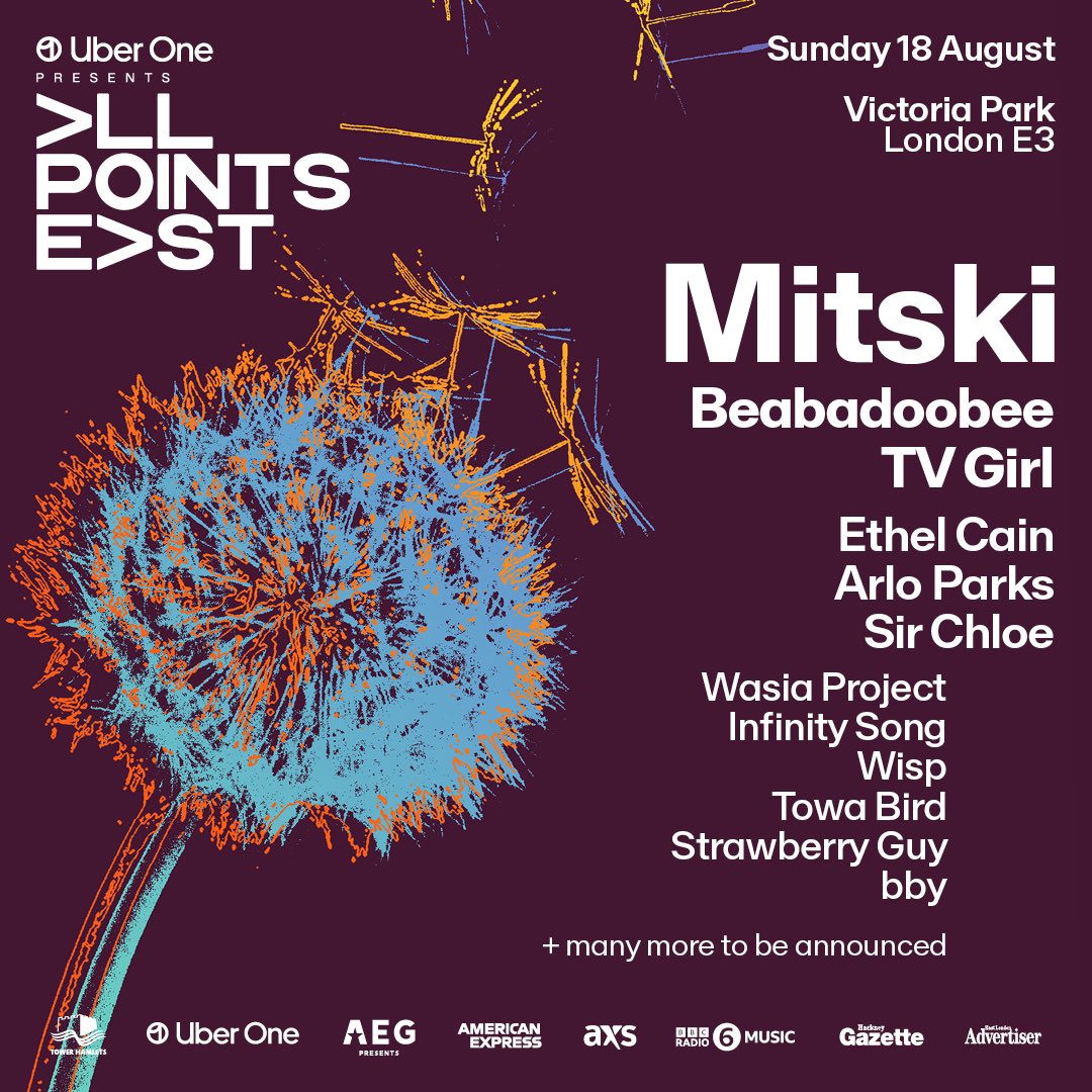 Mitski’s festival headline debut at @allpointseastuk in London on Aug 18 featuring @beabad00bee, @tvgirlz, Ethel Cain, @arloparks, @sirchloe_ and more is on sale now. All ages are welcome: allpointseastfestival.com/events/mitski-…