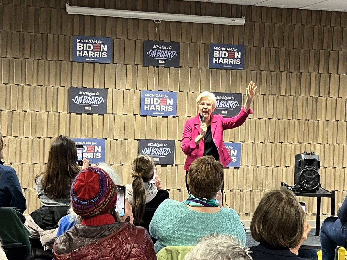 U.S. Sen. Elizabeth Warren campaigning for President Joe Biden in East Lansing today. “Joe Biden fights for access to abortion, and I'm here to fight for Joe Biden,” Warren says