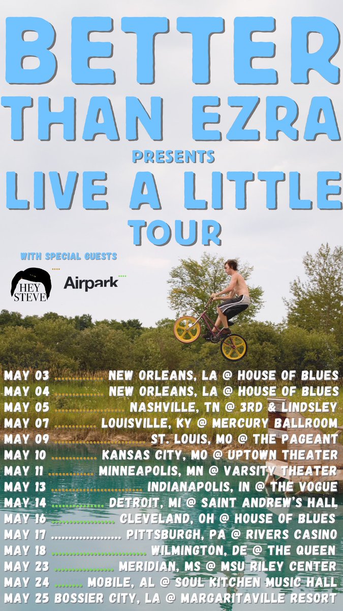 Breaking news! We're beyond excited to announce that Hey Steve (@HeySteveMusic) and Airpark (@airparkband) will be joining us on our upcoming Live A Little tour, starting in just three weeks! Grab your tickets at betterthanezra.com/tour and we’ll see you on the road 🤩