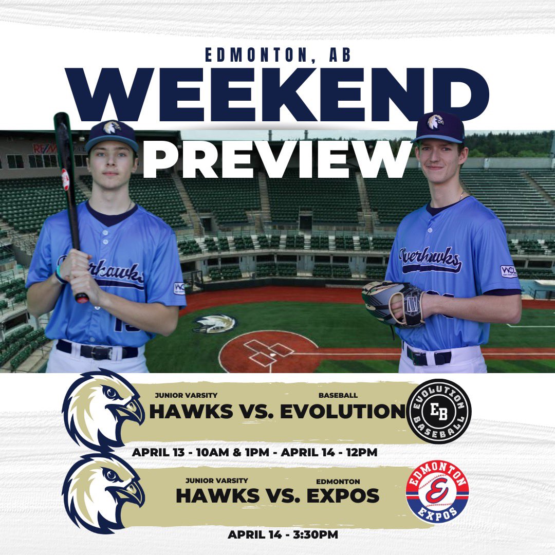 This weekend the Hawks travel to Lethbridge for a 4 game set with <a href="/PrairieBaseball/">Prairie Baseball Academy</a> ! First pitch of the weekend is scheduled for 1pm on Saturday!

The JV Hawks are at home and will host Evolution Baseball &amp; the Edmonton Expos. First pitch is scheduled for 10am on Saturday!