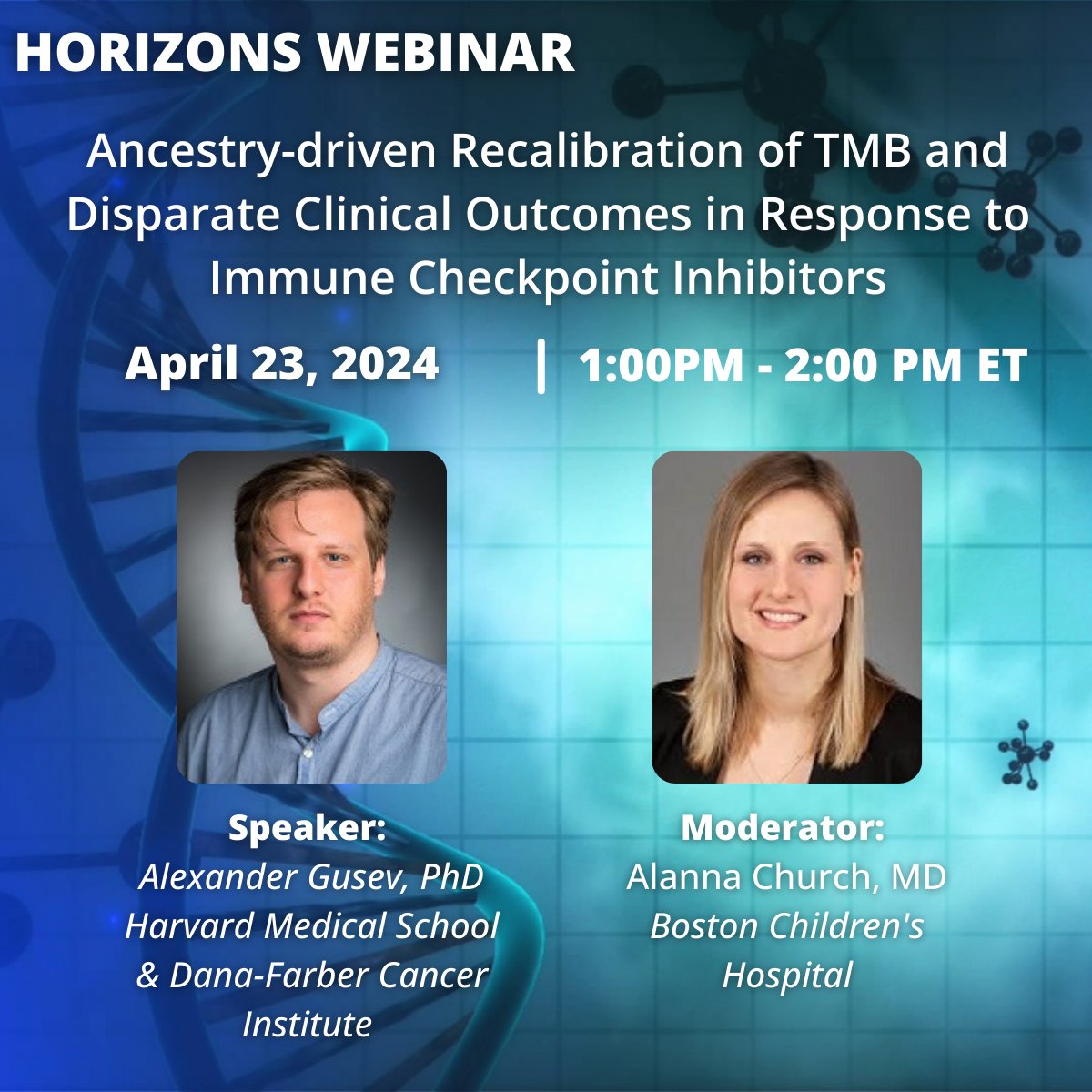 Join Dr. Gusev on April 23 for our latest webinar, “Ancestry-driven Recalibration of Tumor Mutational Burden and Disparate Clinical Outcomes in Response to Immune Checkpoint Inhibitors.” Registration is FREE for AMP members! ow.ly/PMtt50R5Kpb #molpath #pathologists