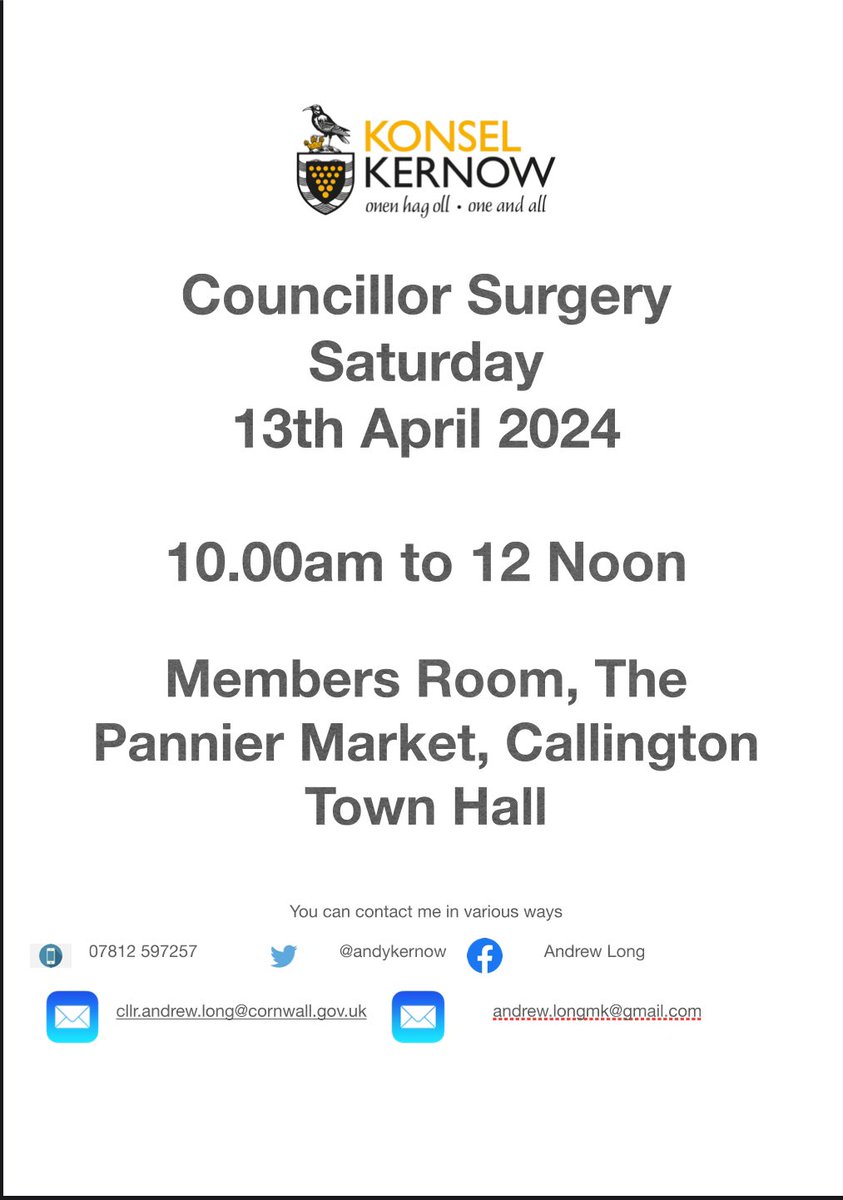 This Saturday I am holding a <a href="/MebyonKernow/">The Party for Cornwall</a> <a href="/CornwallCouncil/">@cornwallcouncil</a> Surgery in the Pannier Market at <a href="/CallingtonTC/">Callington TC</a> from 10am to 12 Noon #mkinaction #mkthedifference
