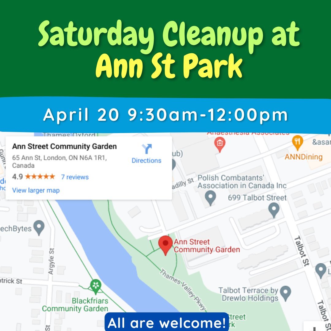 Coming up next Saturday April 20 please join us for a cleanup of Ann St Park in downtown #ldnont. We'll meet  at the Ann Street Community Garden starting at 9:30 am. Supplies and training will be provided. All are welcome! The site has street parking and is near a transit route.