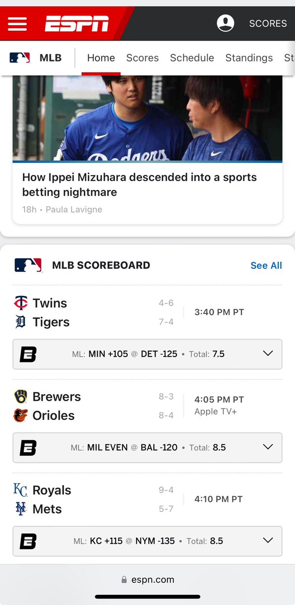i love it how espn shows the headline about ohtani’s gambling scandal followed by the gambling odds for every game today