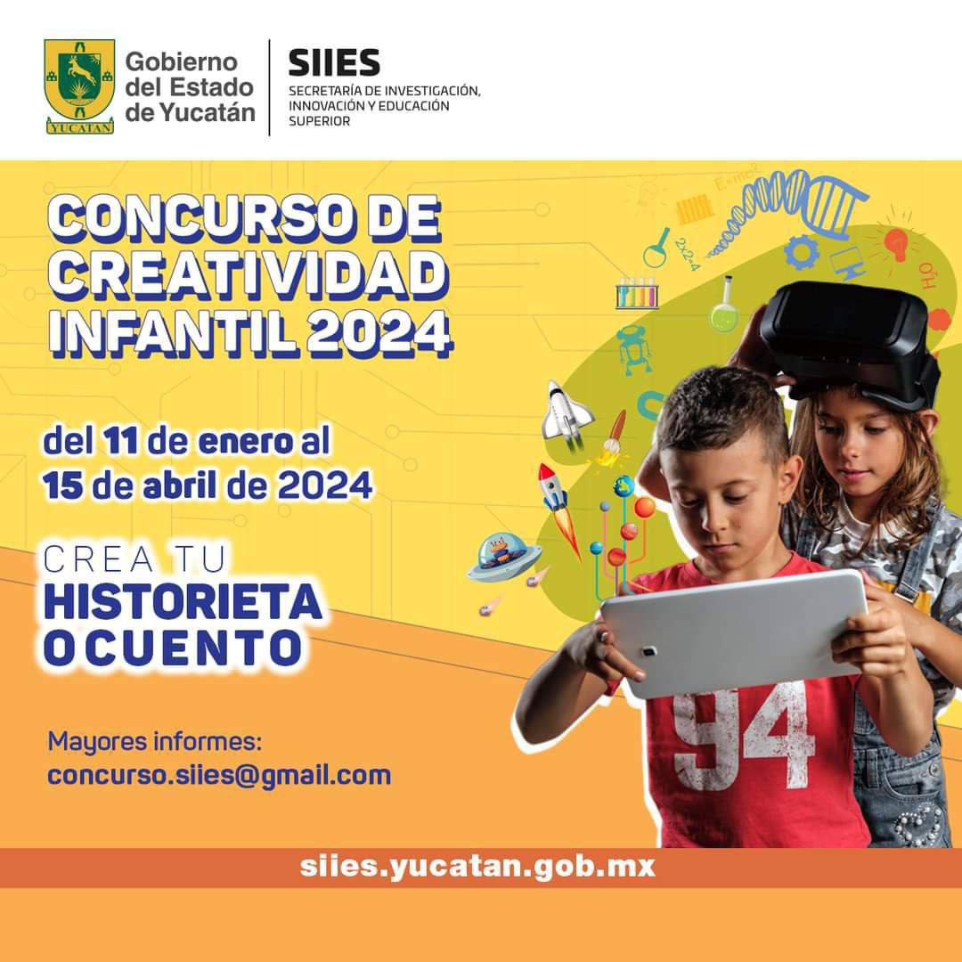 Invitamos a las niñas y niños que estudian en las escuelas primarias de Yucatán a demostrar su talento en dibujo y cuento con el Concurso de Creatividad Infantil 2024. Los requisitos y convocatoria completa están disponibles en bit.ly/42025Ri