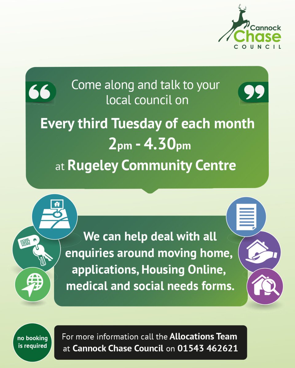 Our Allocations Team will be at Rugeley Community Centre on Tuesday 16 April from 2-4:30pm. They can help with questions on housing applications, moving house and medical and social needs forms. #CCDCHousing