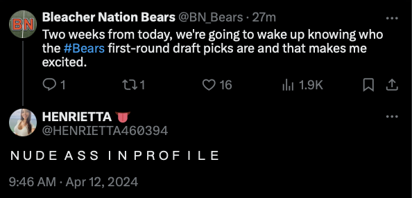 ＮＵＤＥ ＡＳＳ ＩＮ ＰＲＯＦＩＬＥ is gonna be Bears Twitter if they end up pairing Caleb Williams with Marvin Harrison Jr. on draft day.