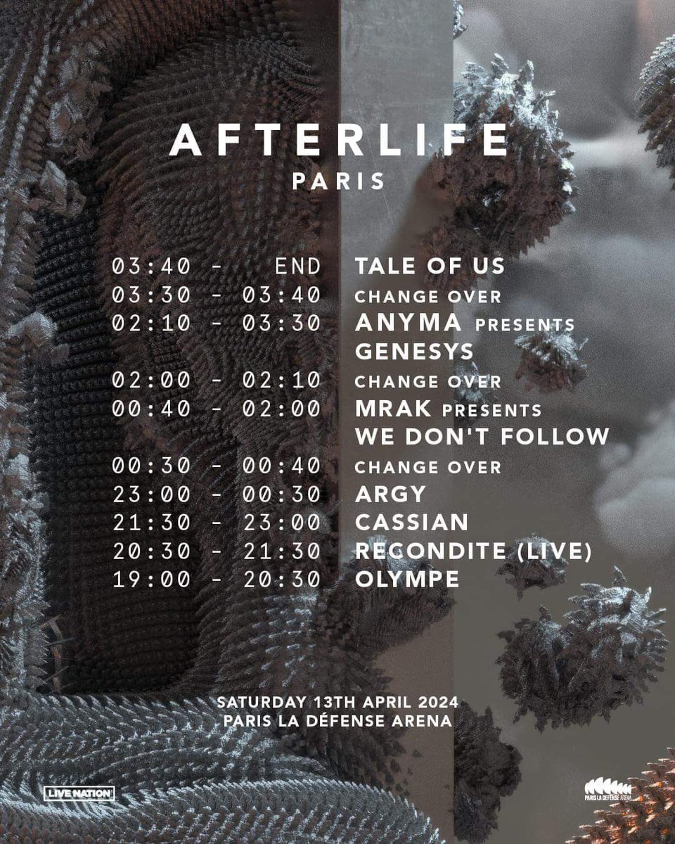 La timetable de @afterlife_ofc demain à @ParisLaDefArena 👀