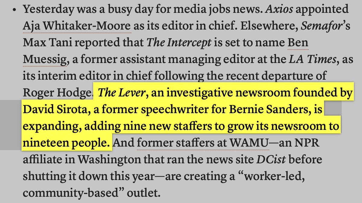 Thanks to the Columbia Journalism Review (@CJR) for spotlighting today's exciting @LeverNews announcement amid all the media industry turmoil.