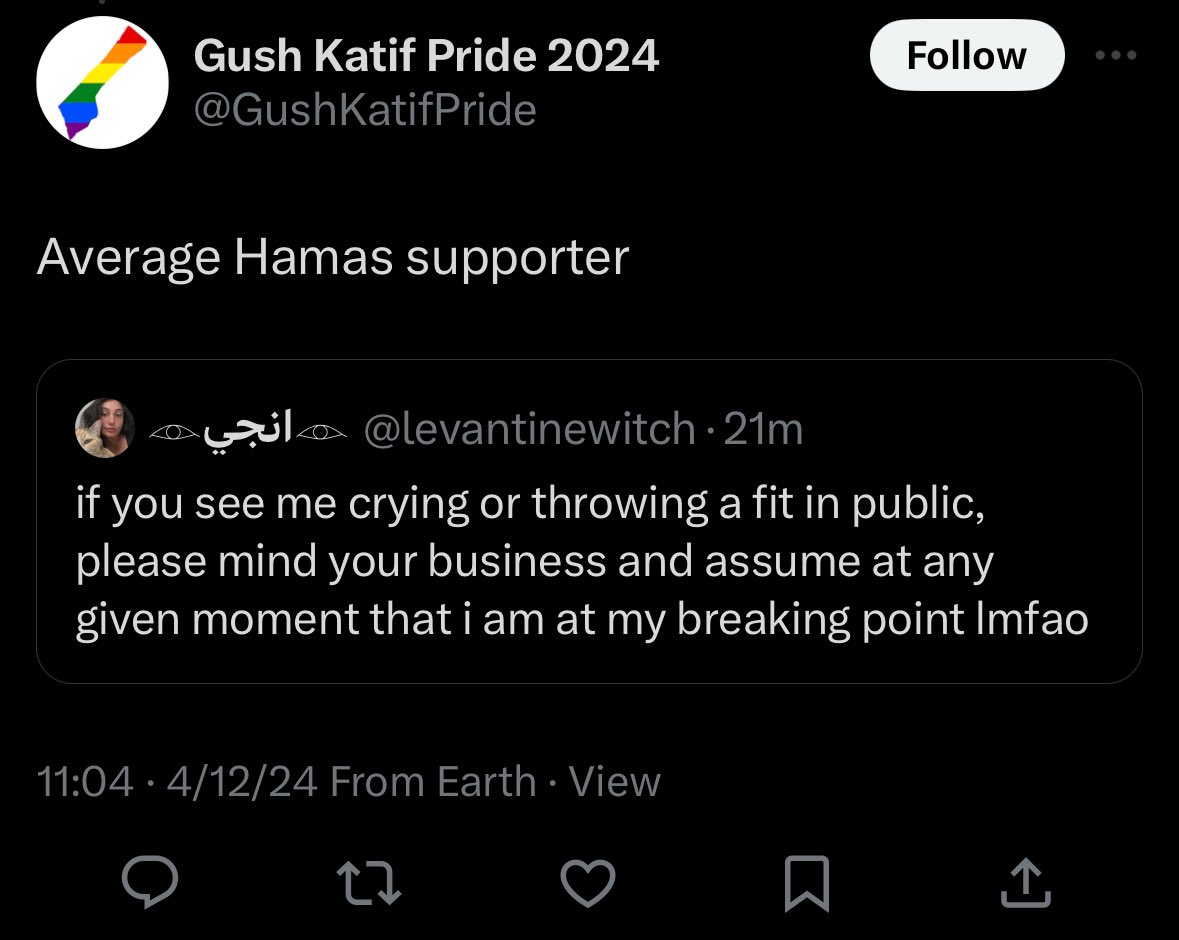 1) why are u literally my biggest fan? thanks for checking in goofy 2) i like to think of myself as an above average hamas supporter