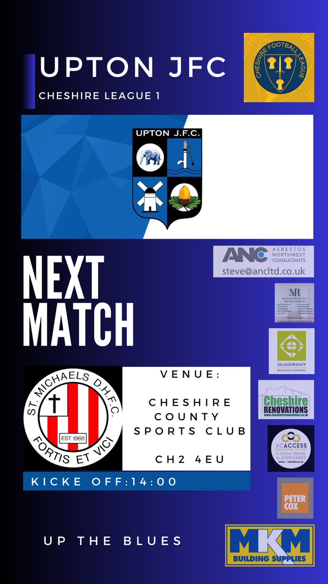 🔵⚫️⚪️ Upton JFC Blues 🆚 @StMichaelsDHFC ⚽️ @CheshireFL 🏟️ @CheshireThe 📅 13/04/2024 ⏰ 14:00 The lads look to make it B2B league wins as we take 3rd place. Any support is always appreciated 👍🏻
