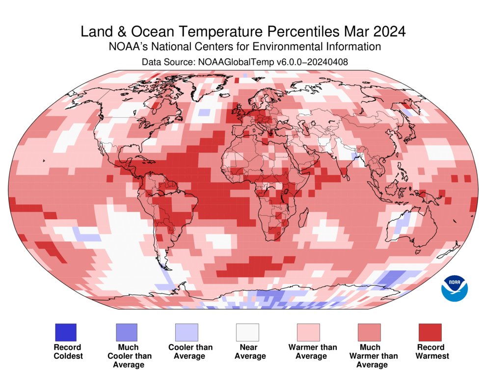 (1 of 5) Just in: Last month was Earth's warmest March on record. 10 straight months of record-setting temperatures and counting. bit.ly/Mar2024GlobalC… @NOAANCEI #StateOfClimate