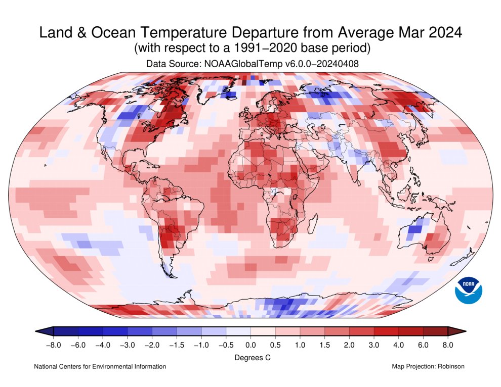 (2 of 5) The global surface temp for #March was 2.43°F (1.35°C) above avg., making it the warmest March in NOAA’s 175-year global #climate record. bit.ly/Mar2024GlobalC… @NOAANCEI #StateOfClimate