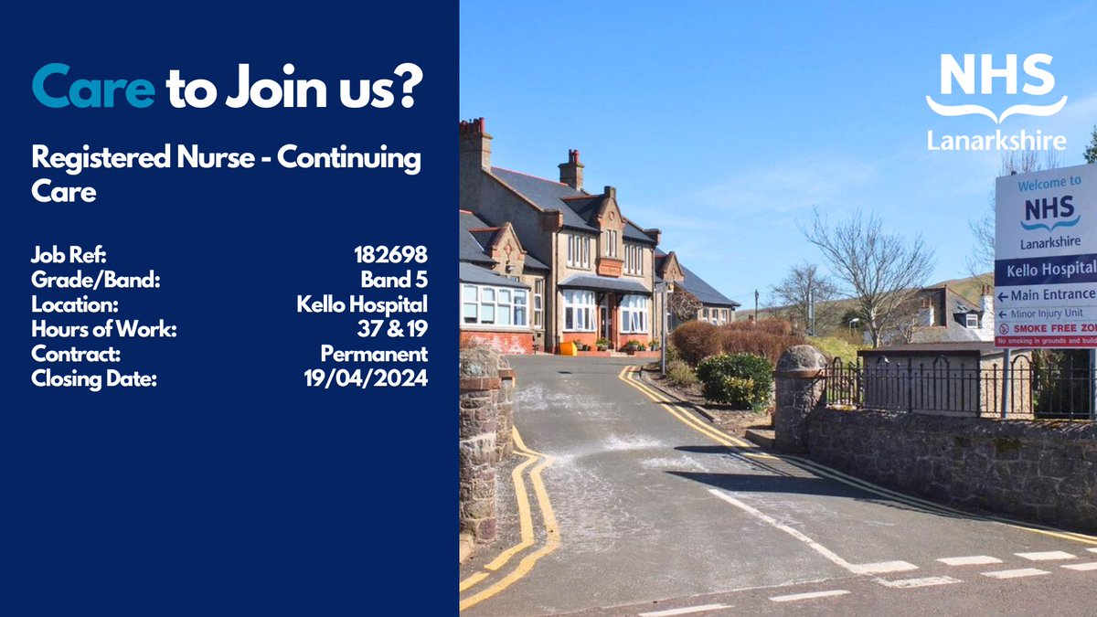 Care to Join Us?

Registered Nurses - Continuing Care

- Kello Hospital, Biggar
- 37 & 19-hours
- Band 5 (£30,229 - £37,664)
- Closing Date: 19/04/2024

To find out more and to apply, please visit apply.jobs.scot.nhs.uk/Job/JobDetail?…

#CareToJoinUs #NHSLanarkshire #TeamLanarkshire #NHSJobs