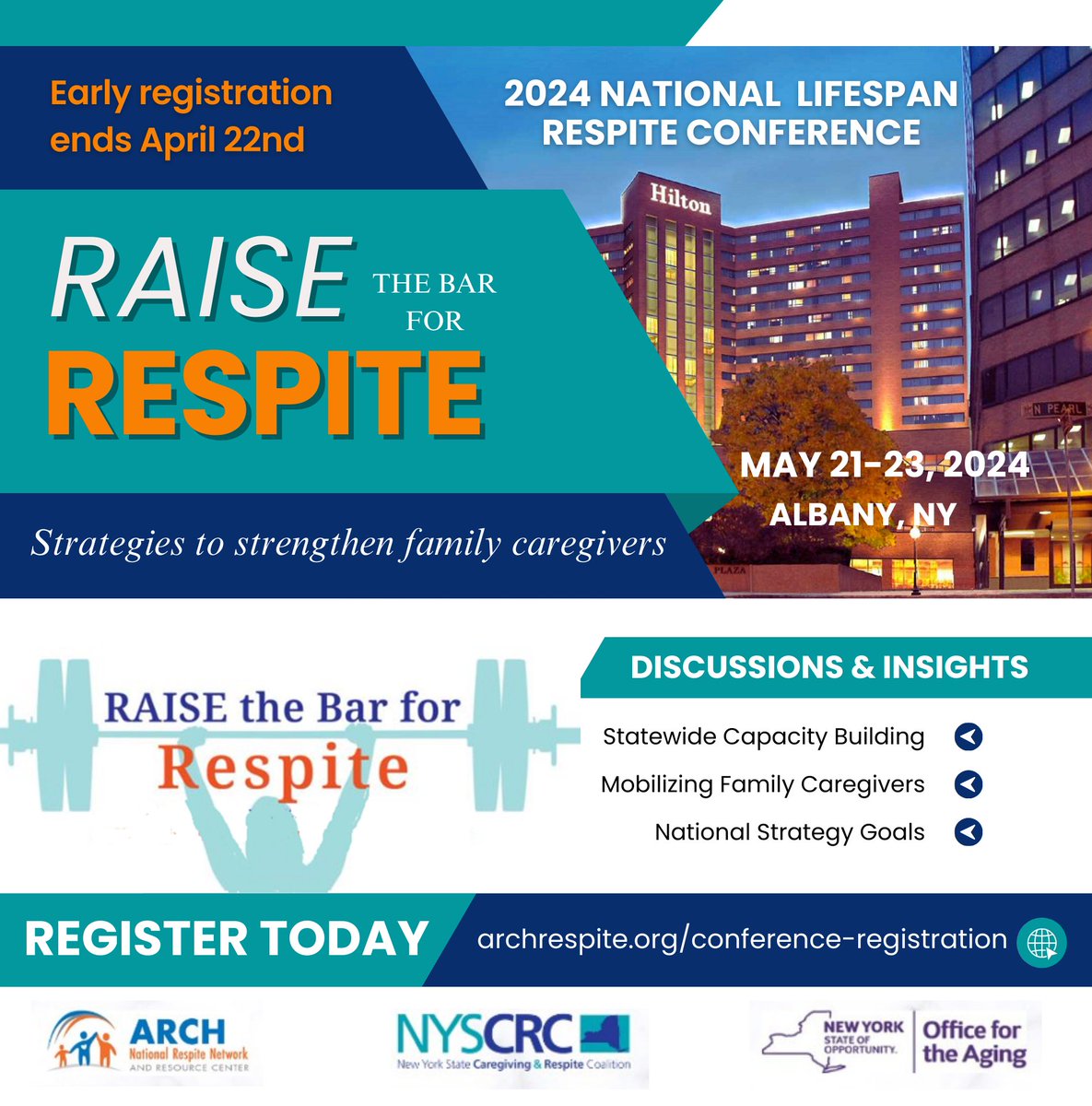 Early registration for the 2024 National Lifespan Respite Conference in Albany, NY, May 21-23, has been extended to April 22nd! Please join us and spread the word to RAISE the Bar for Respite! #RAISErespite #respite #caregivers Register at lnkd.in/eAZS_uDC