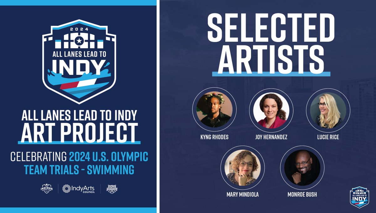 Introducing the 5️⃣ central Indiana artists for the All Lanes Lead to Indy Art Project! Get ready to see their captivating creations across Indianapolis this June during the 2024 U.S. Olympic Team Trials – Swimming! 🎨🏊‍♀️ #swimtrials24 Learn more: lite.spr.ly/60082va