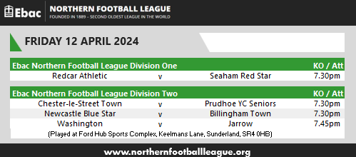 FRIDAY NIGHT FOOTBALL Here are this evening's fixtures in the @EbacUK Northern Football League. #ENLMatchday #NorthernLeagueFamily