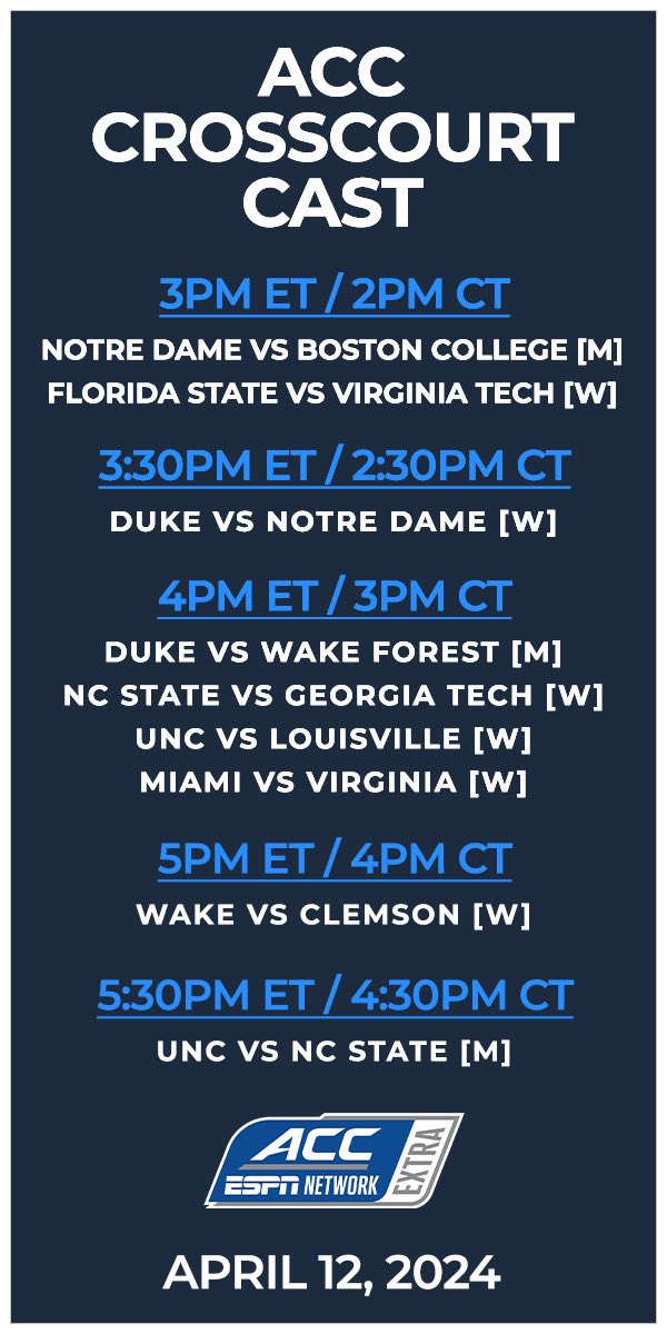 Final ACC Friday!

Join @AlGruskin for our @CrossCourt_Cast coverage of the last weekend of ACC regular season play on ACCNX starting at 3pm ET. 

📺: espn.com/espnplus/playe…

#ACCTennis | @theACC