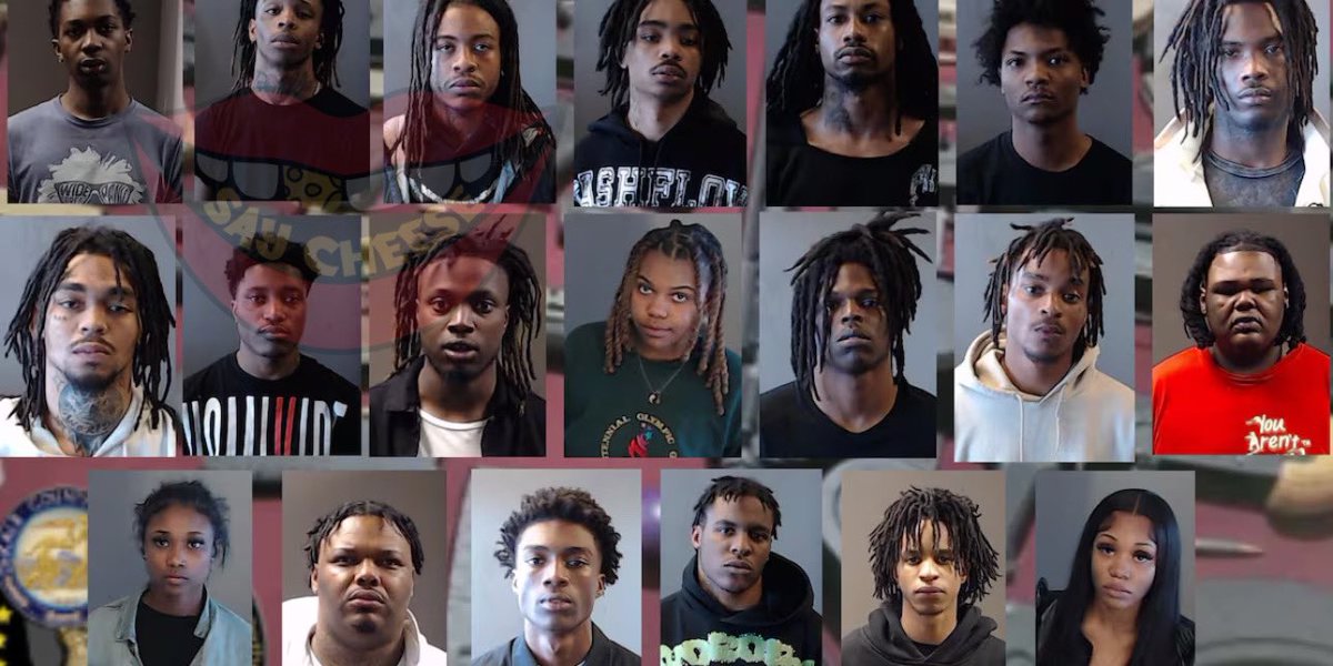 Mugshots released of the 20 Atlanta gang members who were found with 20 guns, 8 illegal machine guns, 6 switches, 60 pounds of mushrooms, 70 grams of mushroom gummies, 2 bottles of promethazine, 8 Xanax pills & 1 oxycodone pill.