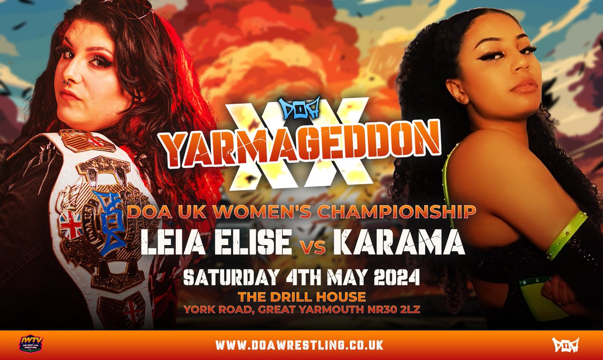 💥After Karama manages to pick up the unexpected victory in a non title match, she earned her shot at the DOA UK Women's Championship. That match will take place against the champion Leia Elise on May 4th at The Drill House in Great Yarmouth! ticketsource.co.uk/doa-wrestling-… #DOAonIWTV