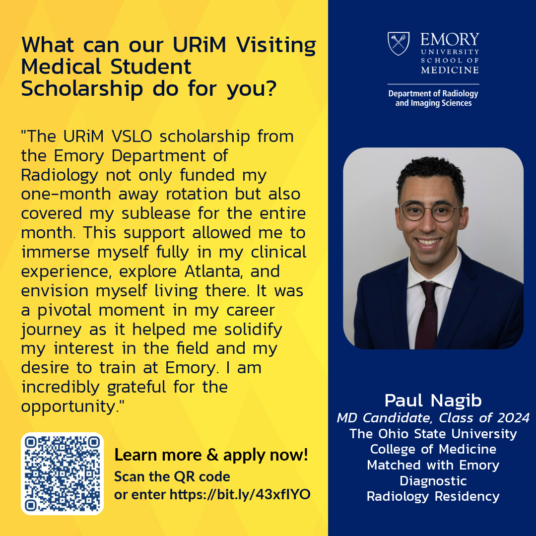 Explore the glories of #radiology by spending a month with us! The #URiM Visiting Medical Student Scholarship can cover the costs so all you have to do is soak up the learning. #medstudent #futureradres #VLSO #radiology #IMG @Inside_TheMatch @ATLMedStudents