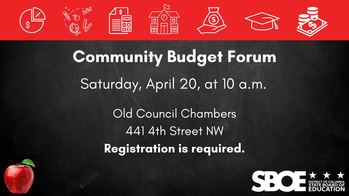 🗣️#SaveTheDate! @dcsboe’s Community Budget Forum is Saturday, April 20th. We want to ensure there is a space for community members to share their feedback about the impacts of the FY25 budget. Your feedback is valued🍎#YourVoice 

Register here: bit.ly/SBOECommunityB…