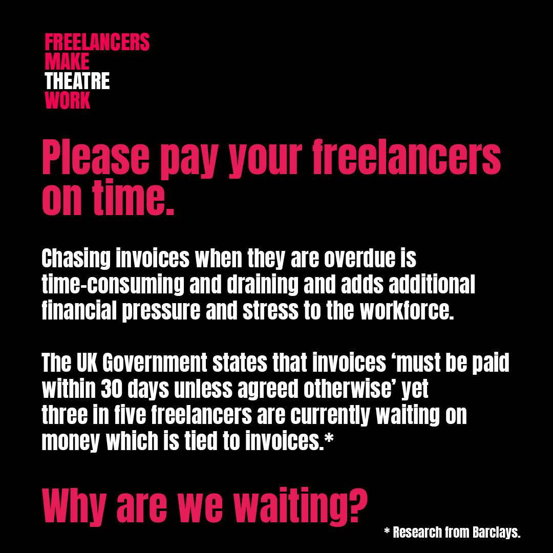 Please pay your freelancers on time.

That's the ask.

Other things you can do to support your freelancers... freelancersmaketheatrework.com/support-your-f…

#FreelancersMakeTheatreWork #WeAreCreative #BackOnStage #BuildBackBetter #Freelancers #Freelancer #Culture #Arts #ArtsAndCulture