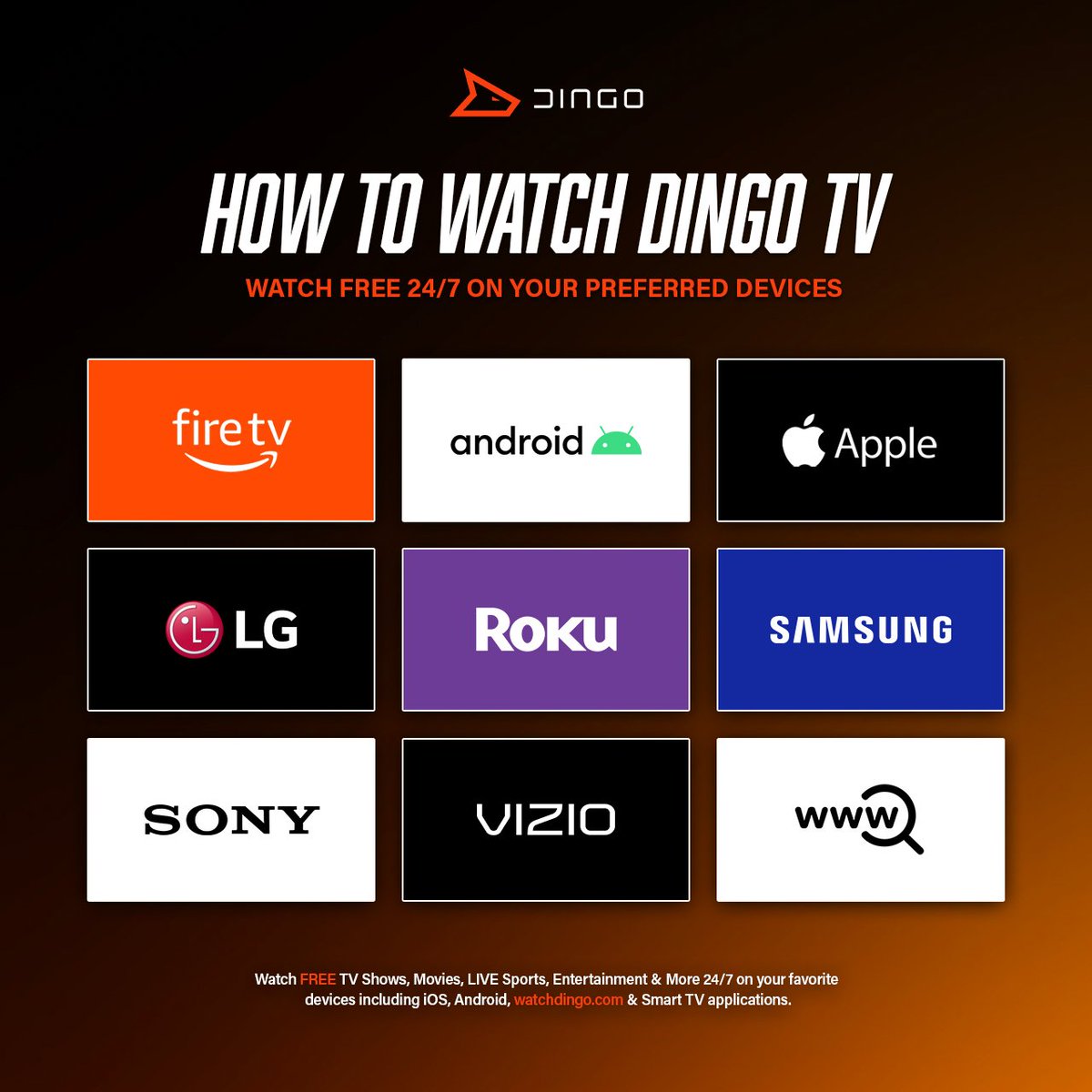 HOW TO WATCH ⤵️

Watch Dingo TV FREE on your preferred devices including iOS, Android, watchdingo.com and leading Smart TV applications.

#watchfree #streamingservice #liveTV #roku #appletv #ios #androidtv #androidmobile #firetv